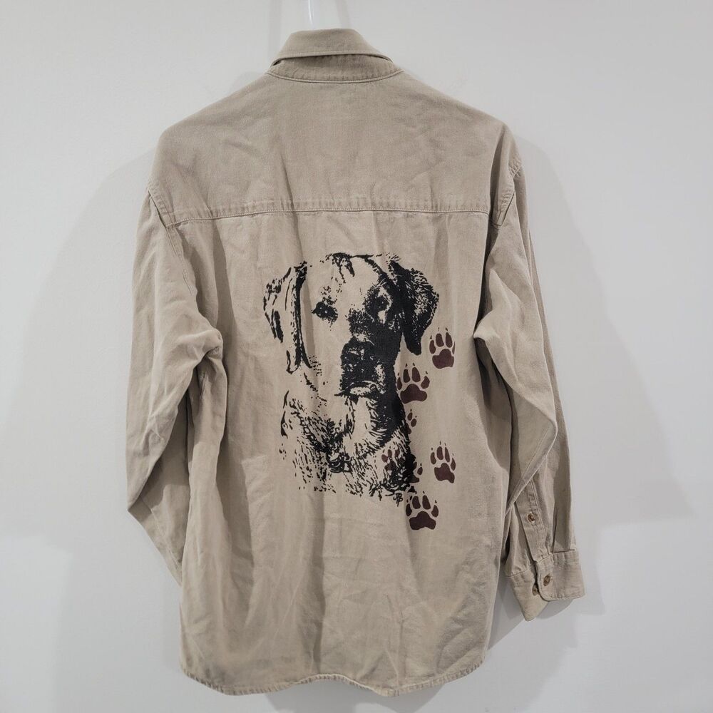 Vintage Mens Button Up Shirt Size Small Cotton Beige Dog Prints Labrador Outdoor - Picture 4 of 7